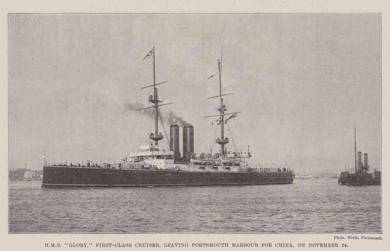 HMS Glory, első osztályú cirkáló, Portsmouth kikötőjéből Kínába indul november 24-én alkotó: English Photographer
