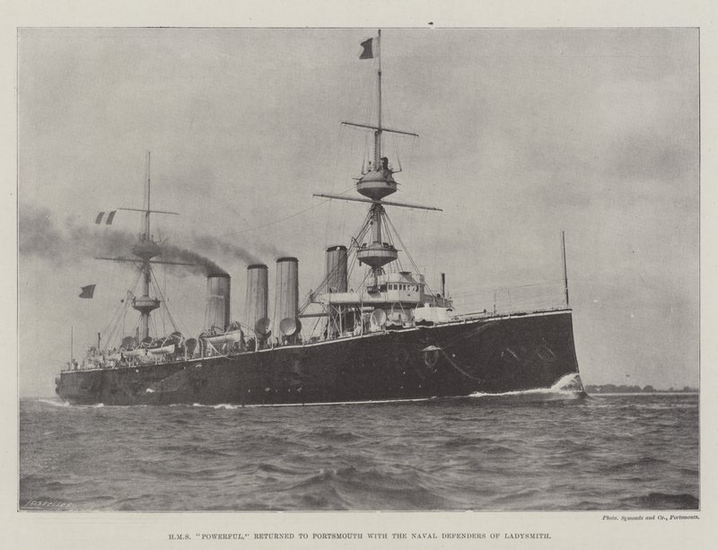 A HMS Powerful visszatért Portsmouthba Ladysmith haditengerészeti védőivel alkotó: English Photographer