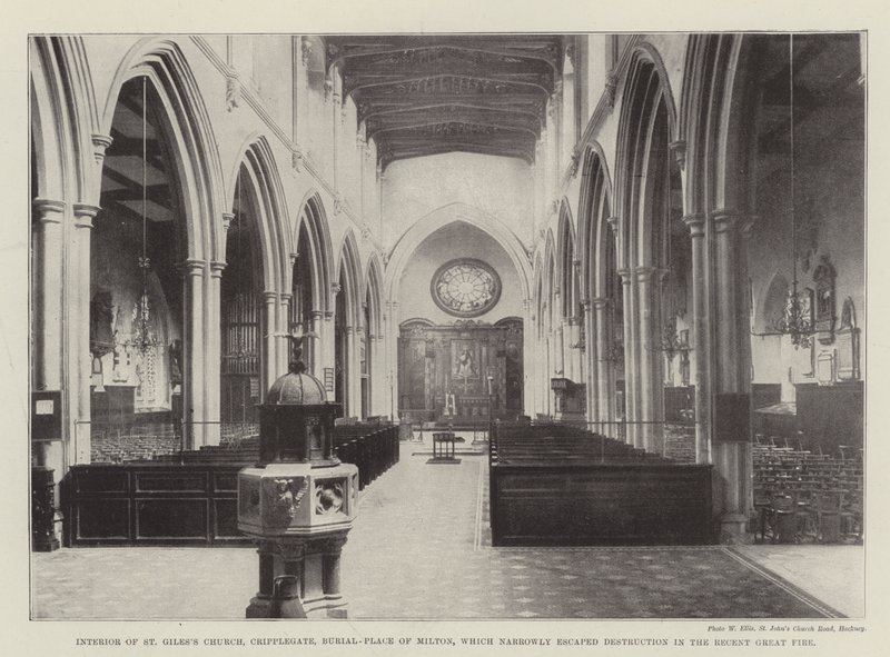 A Cripplegate-i St Giles templom belseje, Milton temetkezési helye, amely kis híján elkerülte a pusztulást a közelmúltbeli nagy tűzben alkotó: English Photographer