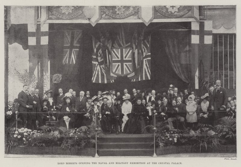 Lord Roberts megnyitja a haditengerészeti és katonai kiállítást a Crystal Palace-ban alkotó: English Photographer