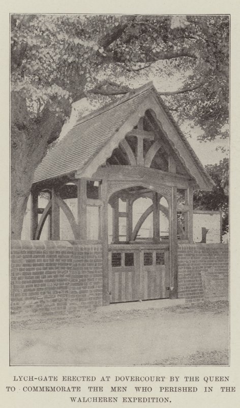 A királynő által Dovercourtban felállított Lych-Gate a Walcheren-expedícióban elpusztult férfiak emlékére alkotó: English Photographer
