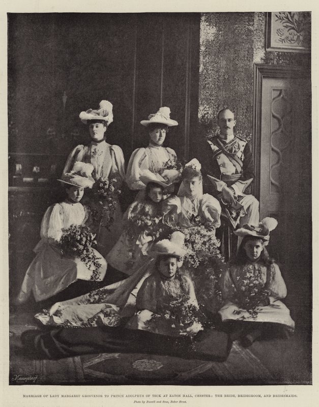 Lady Margaret Grosvenor házassága Teck Adolphus herceggel az Eaton Hallban, Chester, a menyasszony, a vőlegény és a koszorúslányok alkotó: English Photographer