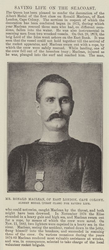 Ronald Maclean, Kelet-London, Cape Colony, Albert Medal (első osztályú) az élet megmentéséért alkotó: English Photographer
