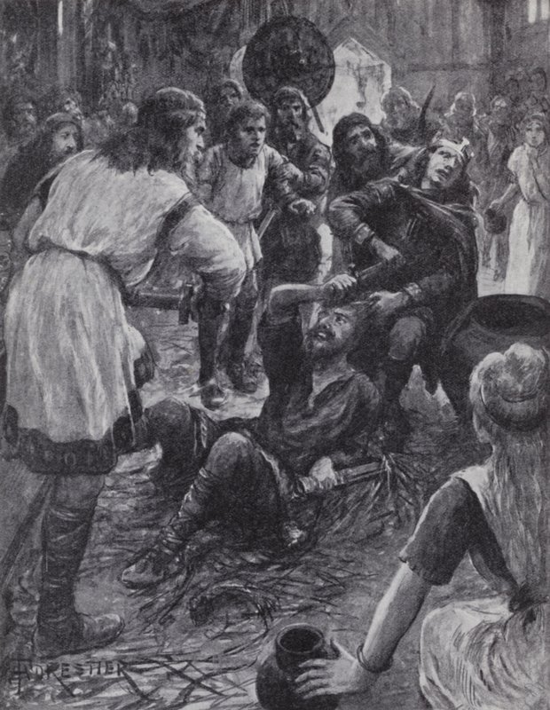 I. Edmund király meggyilkolása, miközben részt vett a Szent Ágoston napi misén Pucklechurchben, Gloucestershire, 946 (litho) alkotó: English Photographer