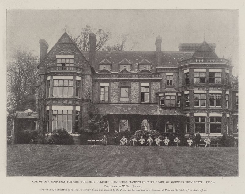 Egyik kórházunk sebesültek számára, Golders Hill House, Hampstead, Dél-Afrikából származó sebesültek csoportjával alkotó: English Photographer