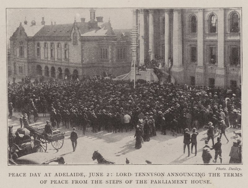 A béke napja Adelaide-ben, június 2. Lord Tennyson a Parlament lépcsőjéről kihirdeti a béke feltételeit alkotó: English Photographer