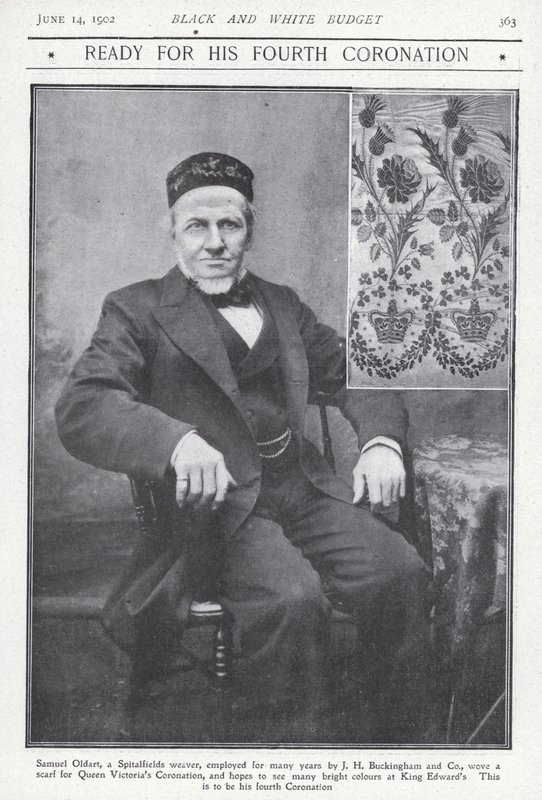 Samuel Oldart, a londoni Spitalfields-i takács, aki sálat szőt Viktória királynő megkoronázása alkalmából (f/w fotó) alkotó: English Photographer