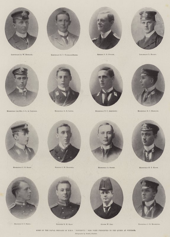 A HMS Powerful haditengerészeti brigádjának néhány tagja, akiket bemutattak a királynőnek Windsorban alkotó: English Photographer