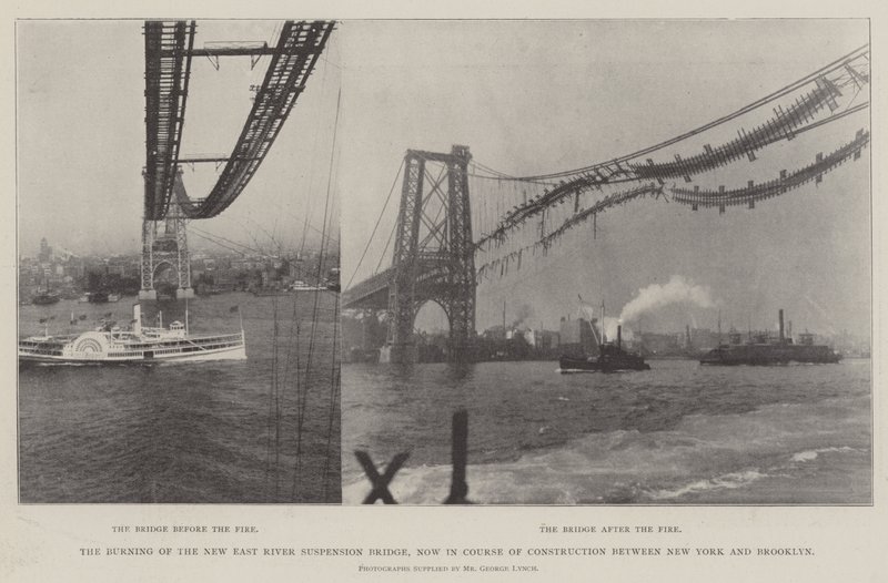 A New East River függőhíd leégése, jelenleg építési folyamatban van New York és Brooklyn között alkotó: English Photographer