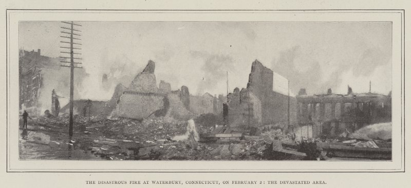 A katasztrofális tűz a Connecticut állambeli Waterburyben február 2-án, a pusztított területen alkotó: English Photographer