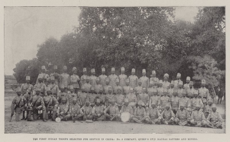Az első kínai szolgálatra kiválasztott indiai csapatok, a 3. számú társaság, a Queens saját Madras Sappers és Bányász alkotó: English Photographer
