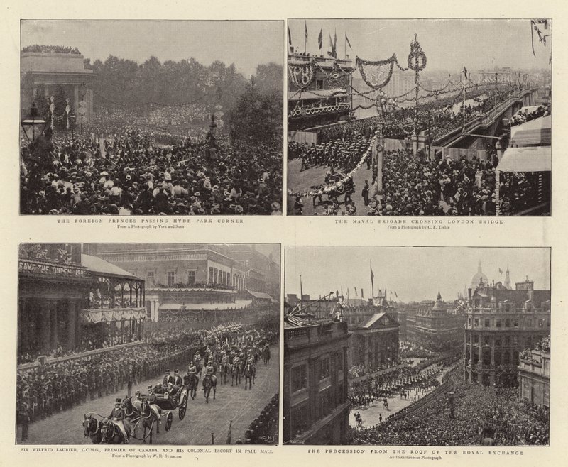 A Hyde Park Corner mellett elhaladó külföldi hercegek, Sir Wilfrid Laurier, a GCMG, Kanada miniszterelnöke és a Colonial Escort a Pall Mallban, a haditengerészeti brigád átkel a London Bridge-en, a menet a tetőről alkotó: English Photographer