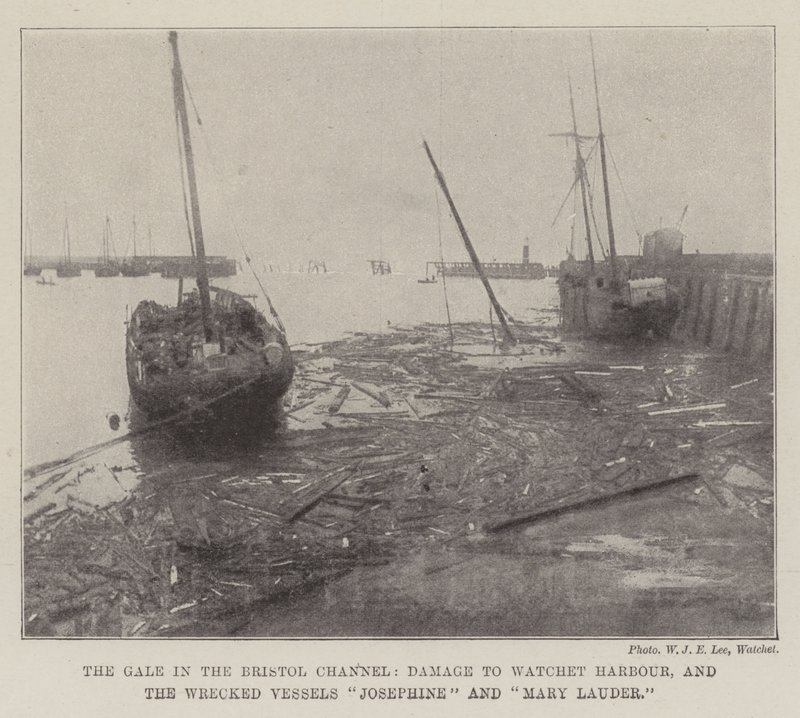 Gáz a Bristol-csatornában, a Watchet Harbourban keletkezett károk, valamint az összetört Josephine és Mary Lauder hajók alkotó: English Photographer