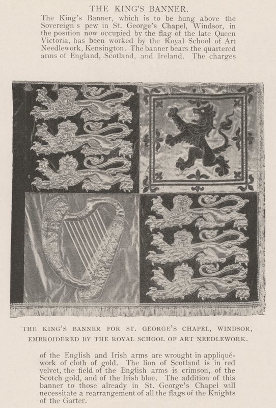 A Kings Banner a windsori St Georges Chapel számára, a Királyi Művészeti Kézimunka-iskola hímzésével alkotó: English Photographer