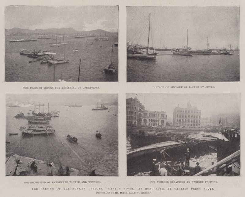 Az elsüllyedt kotrógép kiemelése, Kanton folyó Hongkongban, Percy Scott kapitány alkotó: English Photographer
