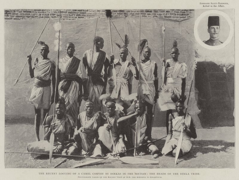 Egy tevekonvoj legutóbbi kifosztása Dinkas által a Soudanban, a dinka törzs fejei alkotó: English Photographer