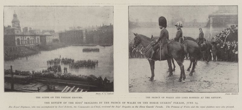 A walesi herceg áttekintése a fiúk brigádjairól a Horse Guards felvonuláson, június 14. alkotó: English Photographer