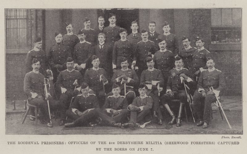 A roodevali foglyok, a 4. derbyshire-i milícia (Sherwood Foresters) tisztjei június 7-én a búrok fogságába kerültek. alkotó: English Photographer