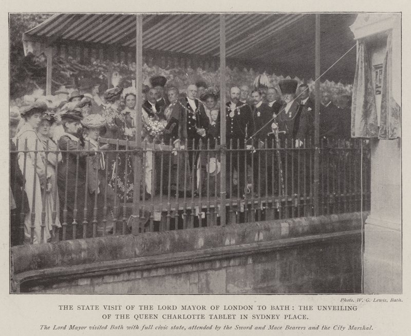 London főpolgármesterének állami látogatása Bathban, a Queen Charlotte tábla leleplezése a Sydney Place-ben alkotó: English Photographer