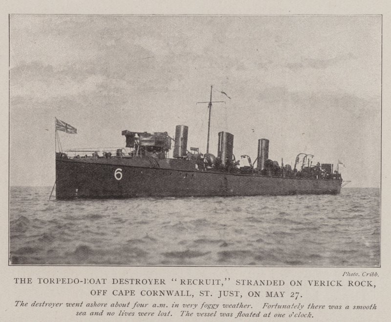 A Torpedo-Boat Destroyer Recruit május 27-én a Verick Rockon rekedt, Cape Cornwall mellett, St Justban alkotó: English Photographer