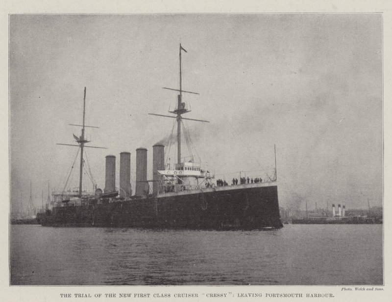 Az új első osztályú Cruiser Cressy próbaverziója, elhagyja Portsmouth kikötőjét alkotó: English Photographer
