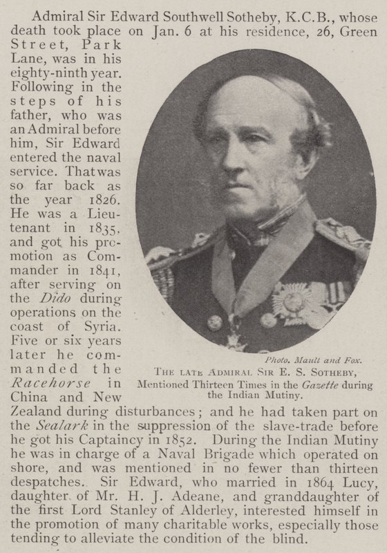 A néhai Sir E S Sotheby admirális tizenháromszor említette a Gazette-ben az indiai lázadás idején. alkotó: English Photographer