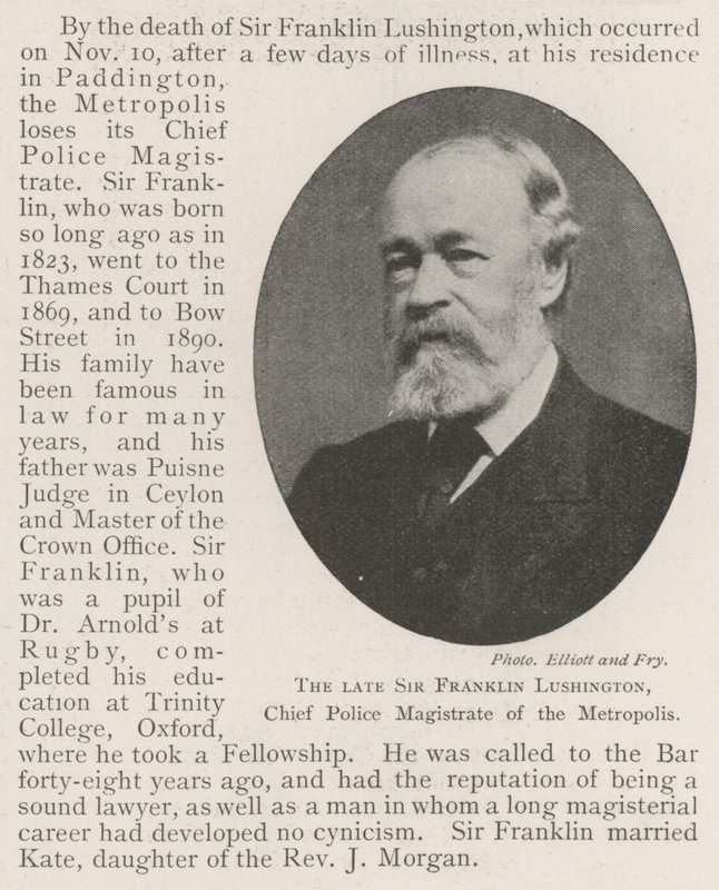 A néhai Sir Franklin Lushington, a Metropolisz rendőrfőbírója alkotó: English Photographer
