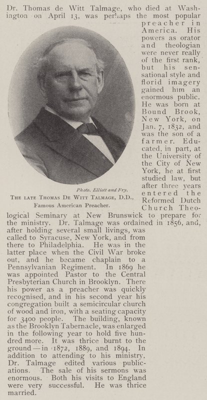 A néhai Thomas de Witt Talmage, DD, híres amerikai prédikátor alkotó: English Photographer
