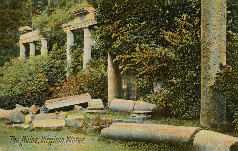 A Virginia Water romjai a Windsor Great Parkban, Angliában. 1913-ban feladott képeslap. alkotó: English Photographer