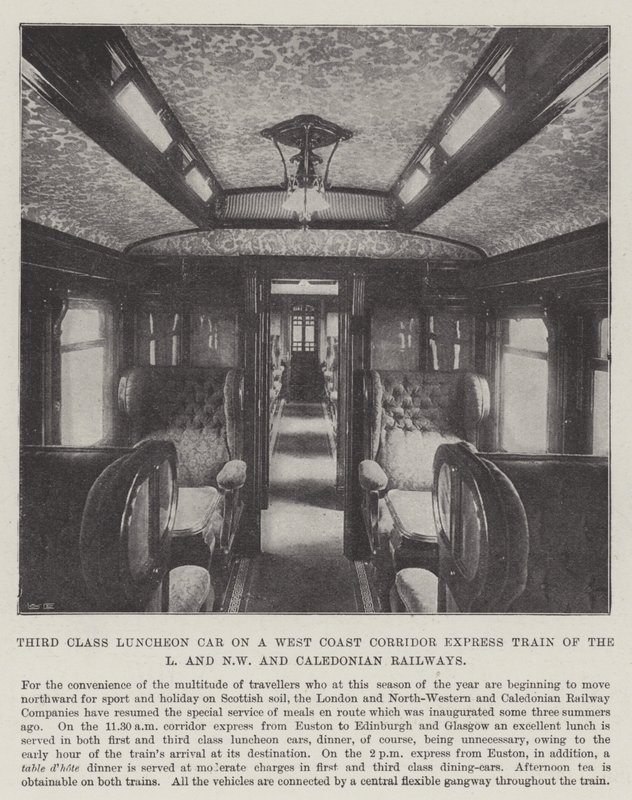 Harmadik osztályú ebédlőautó a nyugati parti folyosó expresszvonaton az L és az ÉNy-i és a Caledonian Railways alkotó: English Photographer