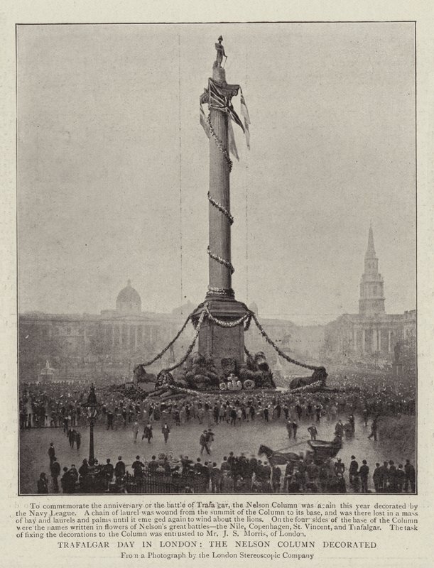 Trafalgar-nap Londonban, a Nelson-oszlopot díszítették alkotó: English Photographer