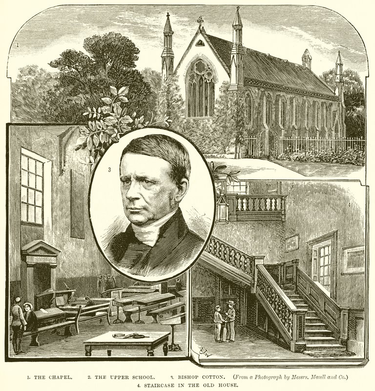 1. A kápolna. 2. A Felső Iskola. 3. Cotton püspök. 4. Lépcsőház a Régi Házban alkotó: English School
