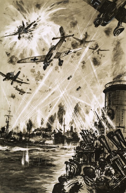 Egy brit konvoj a második világháborúban a német Stukas támadása alatt alkotó: English School