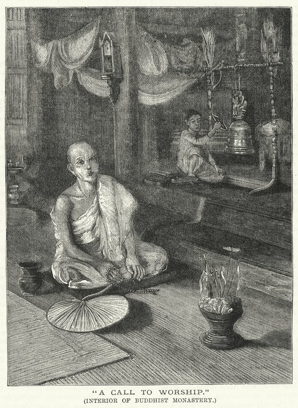 "Felhívás az imádatra", buddhista kolostor belseje (metszet) alkotó: English School