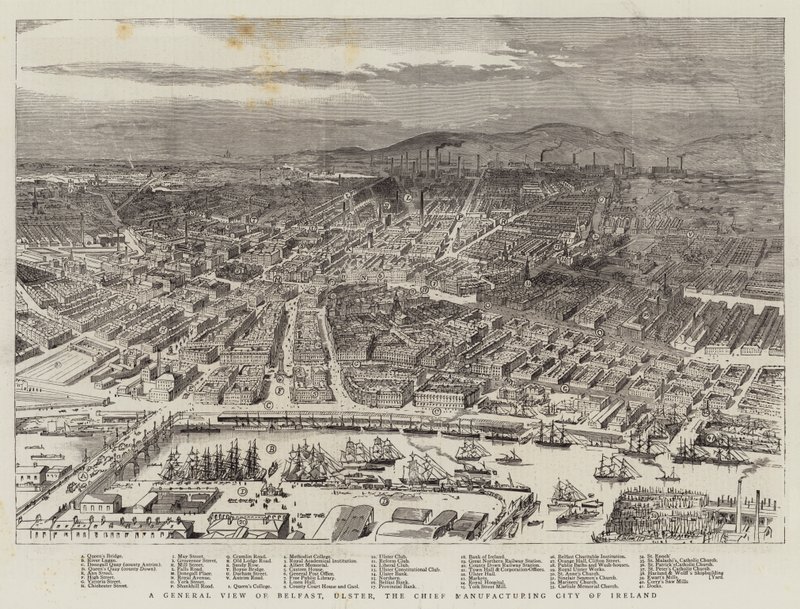Belfast, Ulster, Írország vezető gyártóvárosának általános képe (metszet) alkotó: English School
