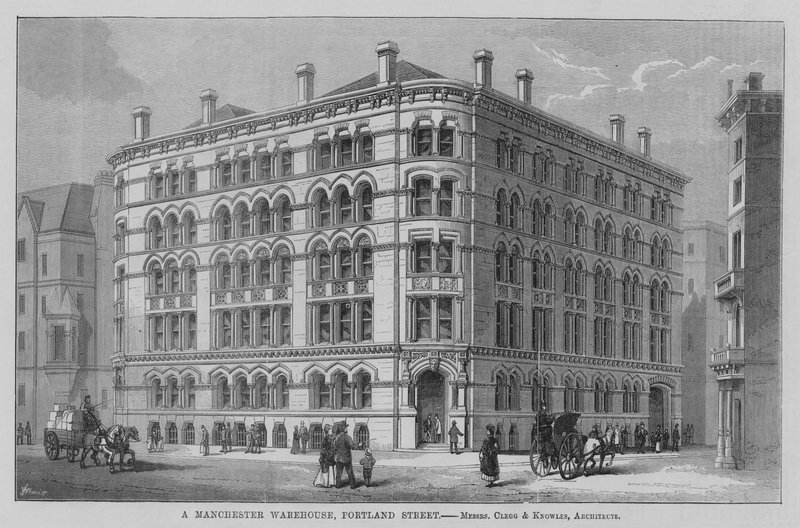Egy manchesteri raktár, Portland Street, Mrs. Clegg és Knowles, építészek. Illusztráció az építőhöz alkotó: English School