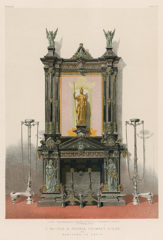 Márvány és bronz kéménydarab a párizsi Marchand-tól (chromolitho) alkotó: English School