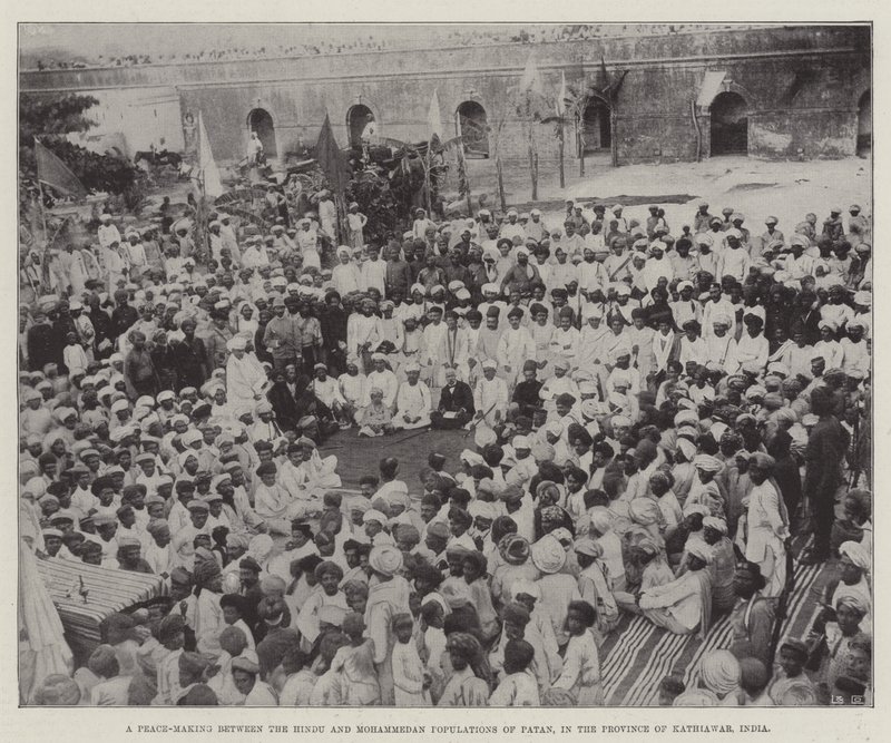 Békekötés Patan hindu és mohamedán lakossága között, Kathiawar tartományban, Indiában (metszet) alkotó: English School