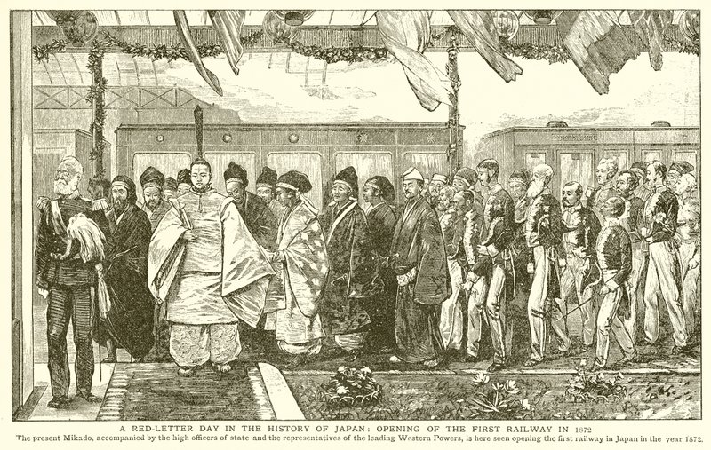 Egy piros betűs nap Japán történetében: Az első vasút megnyitása 1872-ben alkotó: English School