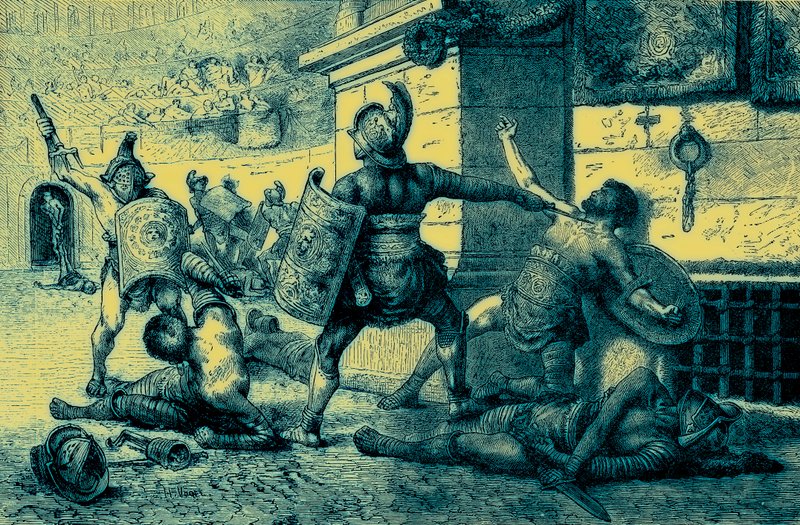 Római ünnep, gladiátorok harca, illusztráció a The Illustrated History of the World-ből, megjelent 1880 körül (digitálisan javított kép) alkotó: English School