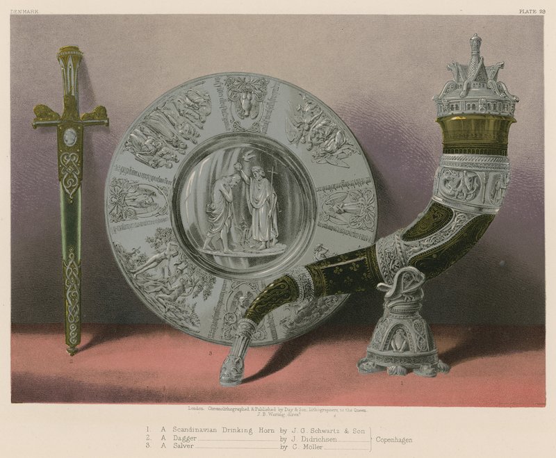 Skandináv ivókürt – J G Schwartz és fia, Tőr – J Didrichsen, Salver – C Moller, Koppenhága alkotó: English School
