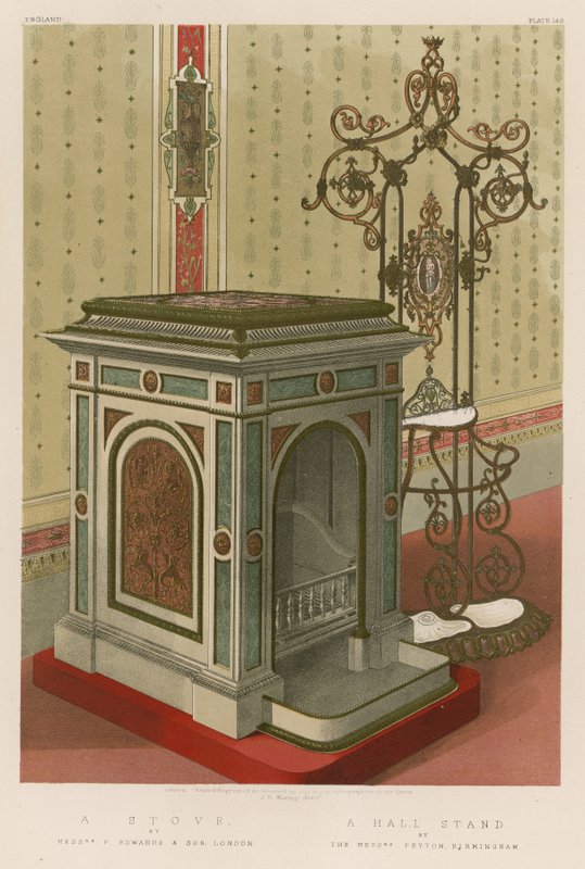 A tűzhely, F Edwards és fia urak, London; Egy terem, a birminghami Peyton urak mellett alkotó: English School