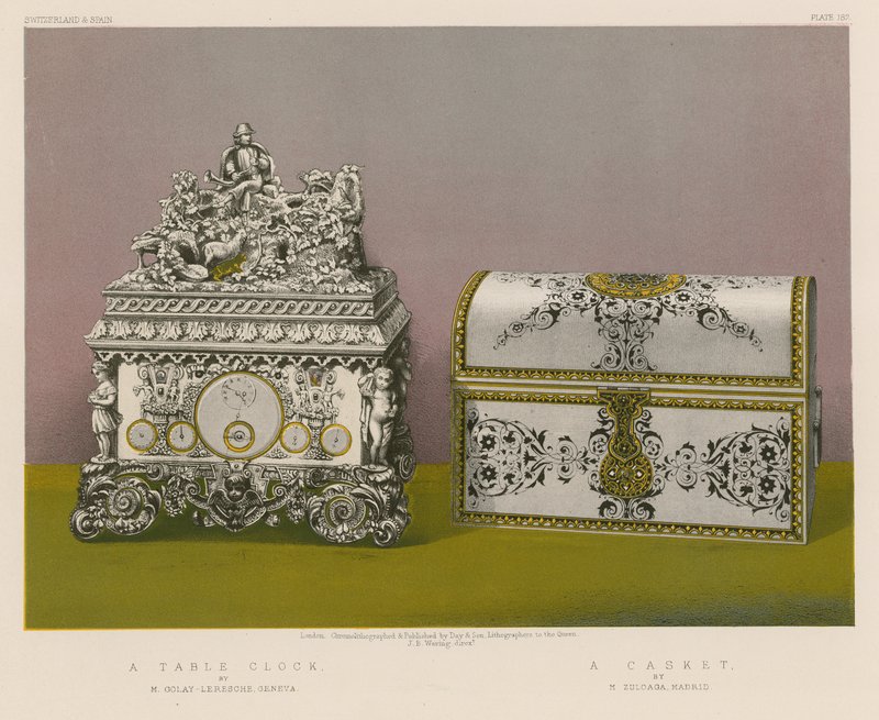 Asztali óra, M Golay-Leresche, Genf; A Casket, M Zuloaga, Madrid alkotó: English School