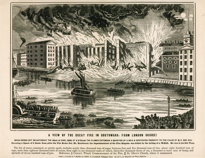 Kilátás a nagy tűzre Southwarkban, a London Bridge-ről alkotó: English School