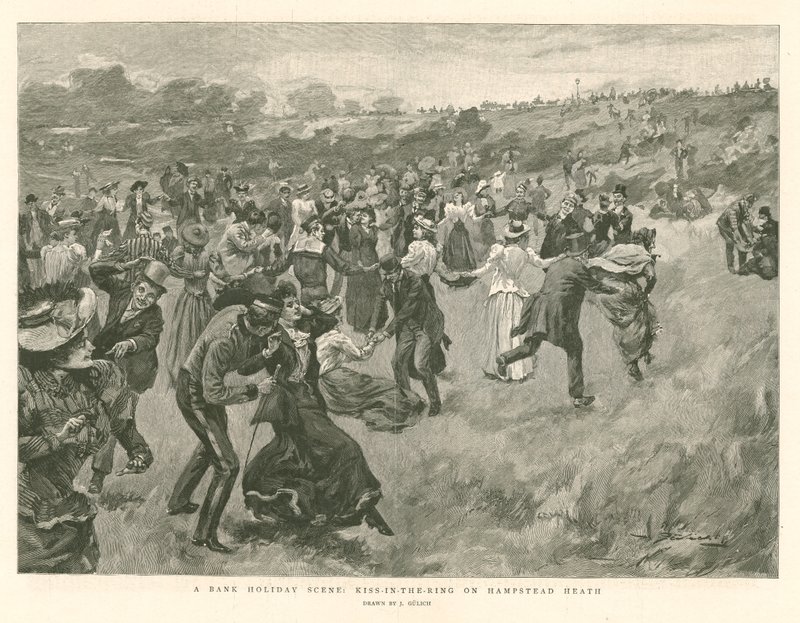 Ünnepi jelenet: Kiss-in-the-King a Hampstead Heath-en alkotó: English School