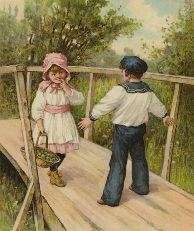 Egy fiú azt mondja egy lánynak, hogy útdíjat kell fizetnie, hogy átkeljen a hídon, amelyen ő áll alkotó: English School