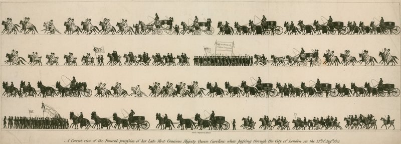 Helyes nézet néhai legkegyelmesebb királynőjének, Caroline-nak a temetési menetéről, amikor 1821. augusztus 14-én áthaladt a londoni városon. alkotó: English School