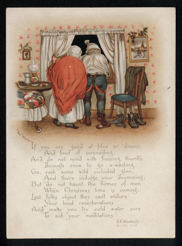 Egy pár kifogásolja az énekeseket az ablakon kívül, karácsonyi üdvözlőlap. (chromolitho) alkotó: English School
