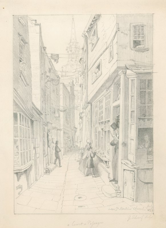 Egy udvar vagy átjáró a St Martins Church közelében, Londonban, 1828. július alkotó: English School
