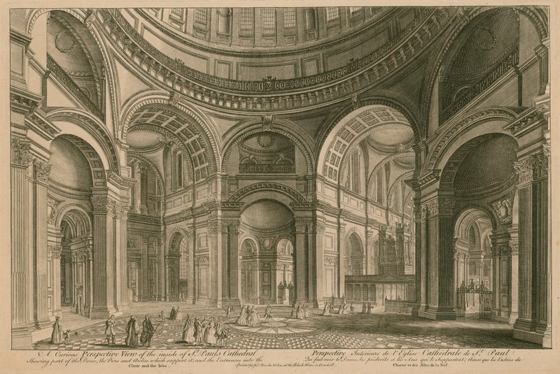 Érdekes perspektivikus nézet a londoni St Pauls Cathedral belsejéről alkotó: English School